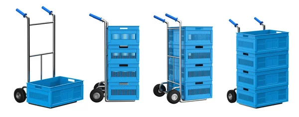 Rendering Set Hand Trucks Plastic Crates Isolated White — Stock Photo, Image