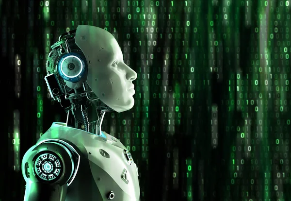 Renderizado Robot Inteligencia Artificial Cyborg Sobre Fondo Matriz —  Fotos de Stock
