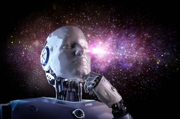 Renderizado Robot Inteligencia Artificial Cyborg Analizar Sobre Fondo Galaxia —  Fotos de Stock