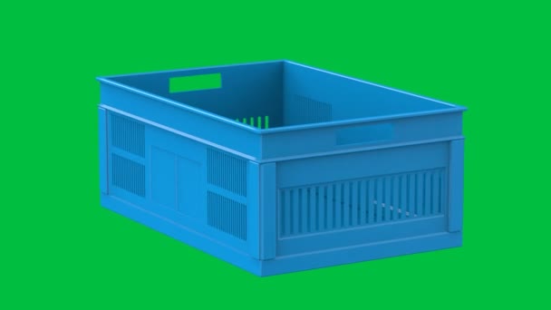 Rendering Leere Blaue Plastikkiste Isoliert Auf Grünem Bildschirm Hintergrund Filmmaterial — Stockvideo