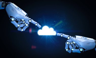 Bulut depolama teknolojisi. Robot elli 3D bulutlar.