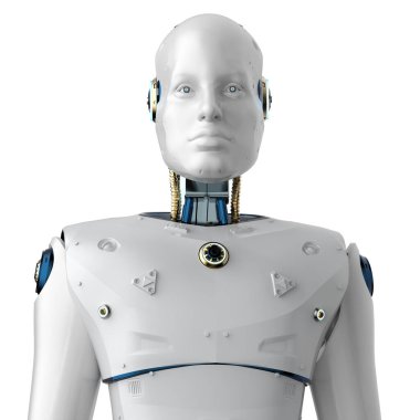 3D görüntüleme yapay zeka robotu veya cyborg beyaz arka planda izole edildi