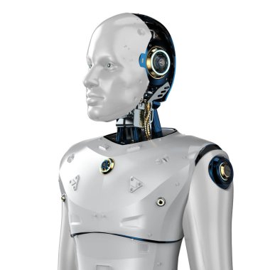 3D görüntüleme yapay zeka robotu veya cyborg beyaz arka planda izole edildi