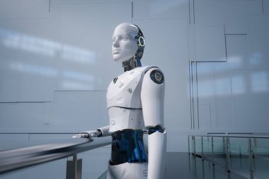 3D suni zeka robotu veya cyborg ileriye bakıyor