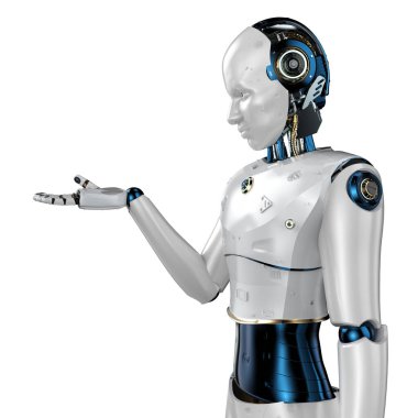 3D görüntüleme yapay zeka robotu veya cyborg açık el beyaz arka planda izole