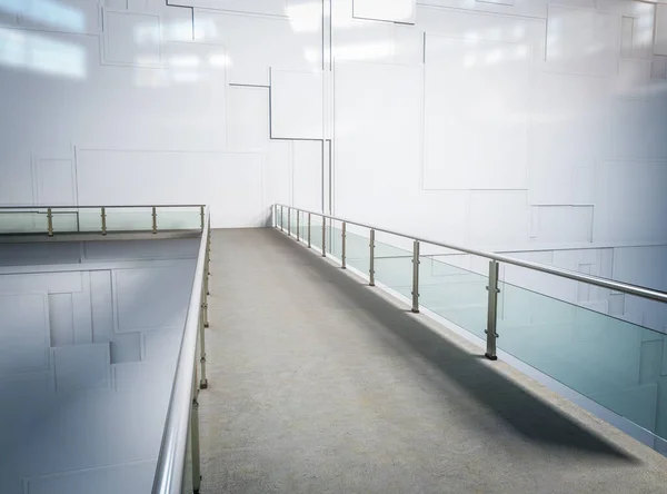 Passerelle Vide Rendu Avec Barrière Verre Mur Blanc — Photo