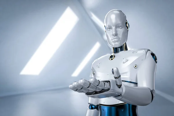 Renderowanie Sztuczna Inteligencja Robot Lub Cyborg Open Hand Izolowane Białym — Zdjęcie stockowe