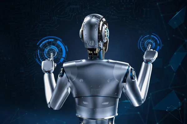 Render Robot Kecerdasan Buatan Atau Cyborg Titik Jari Pada Antarmuka — Stok Foto