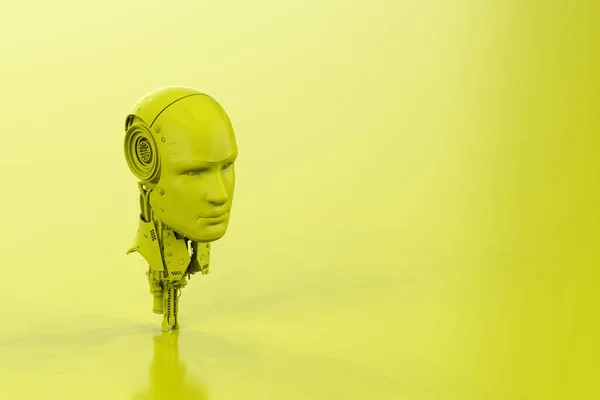 具有空隙的黄色背景上的单色霓虹灯黄色Ai机器人3D渲染 — 图库照片