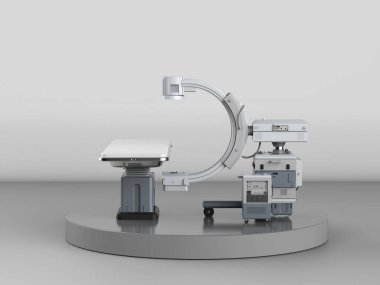 Gri arkaplanda monitörü olan 3d C-Arm makinesi oluşturuluyor