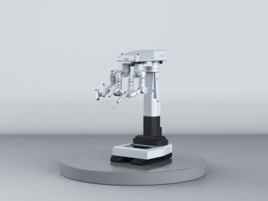 Gri zemin üzerinde 3D cerrahi robotu olan tıbbi teknoloji konsepti