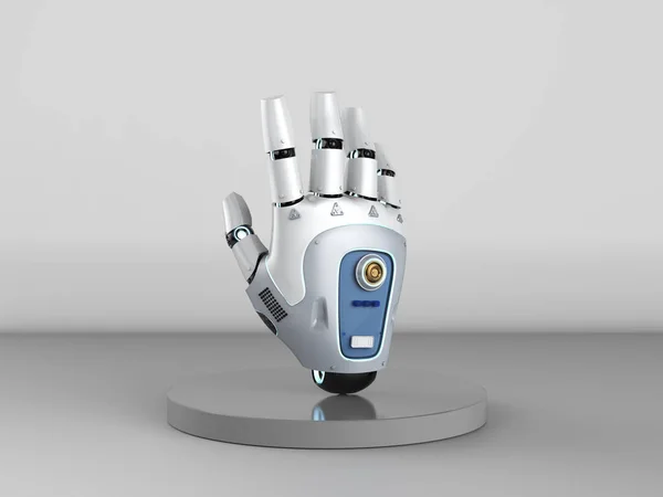 Renderizado Cyborg Mano Sobre Escenario Con Fondo Gris —  Fotos de Stock