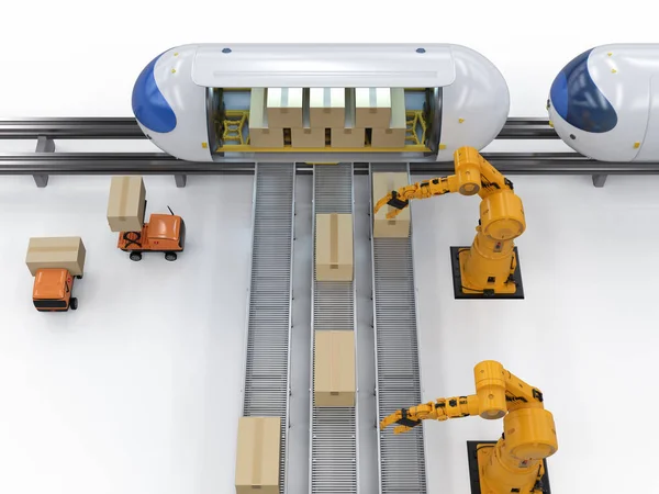 Transportation technology with 3d rendering robot carry cardboard boxes to automation train