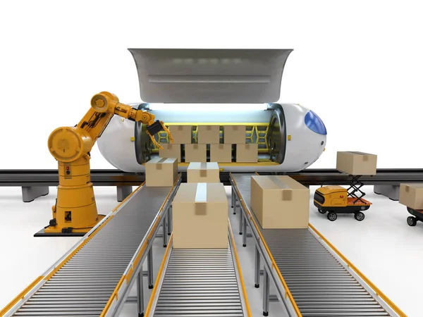 Transportation technology with 3d rendering robot carry cardboard boxes to automation train