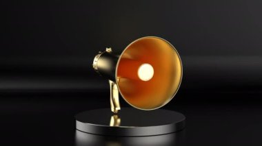 Sahnede 3D altın megafon ve siyah arkaplan 4k görüntüsü.