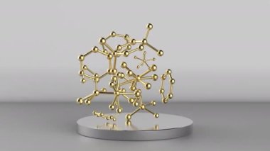 Gri arkaplan 4k görüntülerindeki 3D altın molekül yapısı