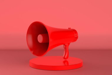 Sahnede kırmızı arkaplan ile 3d rendelenen kırmızı megafon
