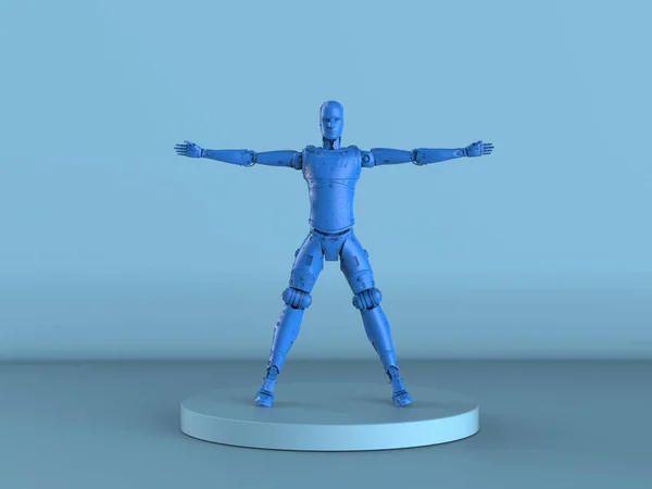 Renderizado Robot Vitruviano Azul Cyborg Sobre Fondo Azul — Foto de Stock