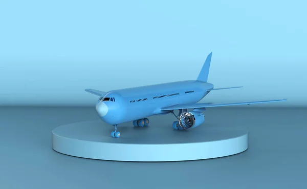 Renderização Azul Modelo Avião Girando Fundo Azul — Fotografia de Stock
