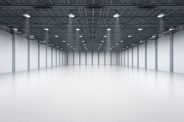 3D用吊灯渲染空荡荡的工厂内部 — 图库照片