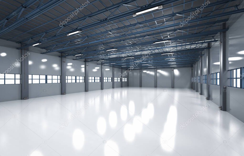 3d rendering empty factory interior with pendant lamps