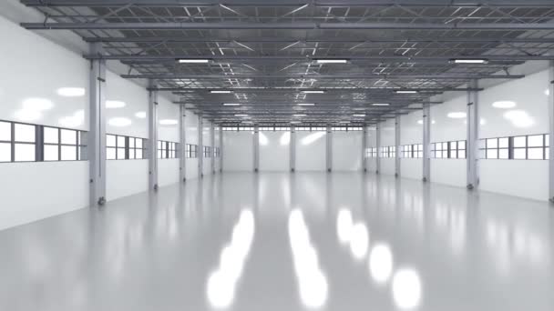 Renderizado Interior Fábrica Vacía Con Lámparas Colgantes Material Archivo — Vídeos de Stock