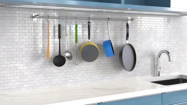 Візуалізація Кухонної Стійки Посудом Білій Стіні Кадри — стокове відео