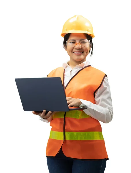 Asian Engineer Technician Wear Safety Helmet Reflective Vest Hold Notebook — Stock Photo, Image