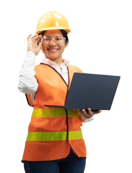 Asian Engineer Technician Wear Safety Helmet Reflective Vest Hold Notebook — Stock Photo, Image