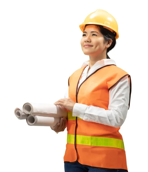 Asian Engineer Technician Wear Safety Helmet Reflective Vest Hold Blueprint — Stock Photo, Image