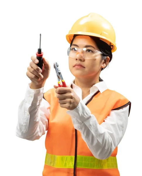 Asian Engineer Technician Wear Safety Helmet Reflective Vest Tools — Stock Photo, Image