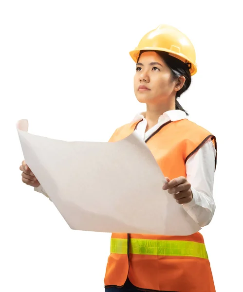 Asian Engineer Technician Wear Safety Helmet Reflective Vest Hold Blueprint — Stock Photo, Image