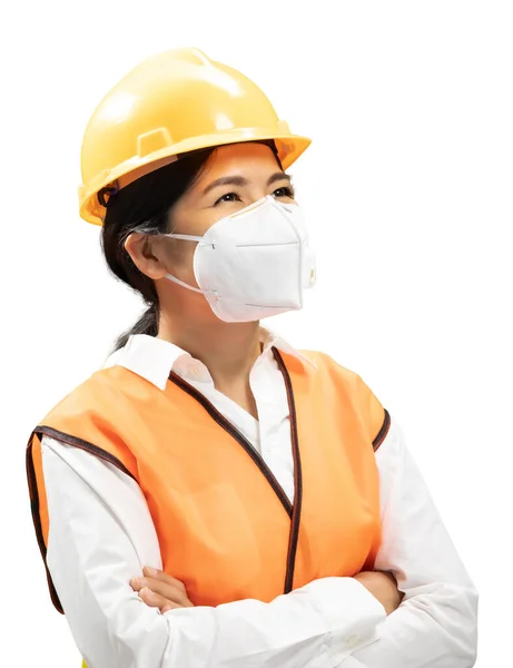 Asian Engineer Technician Wear Safety Helmet Face Mask — Stock Photo, Image