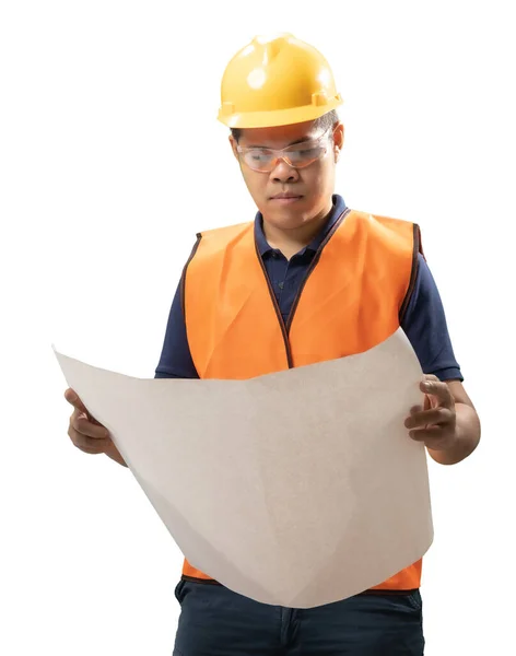 Engenheiro Asiático Técnico Desgaste Capacete Segurança Colete Reflexivo Com Papel — Fotografia de Stock