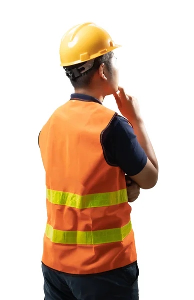 Азиатский Инженер Техник Носит Защитный Шлем Рефлекторный Жилет Думаю — стоковое фото