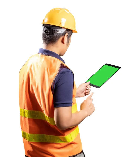 Engenheiro Asiático Técnico Desgaste Capacete Segurança Colete Reflexivo Com Tablet — Fotografia de Stock