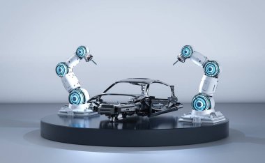 Otomasyon aumobile fabrikası konsepti ve otomobil fabrikasında 3 boyutlu robot üretim hattı.