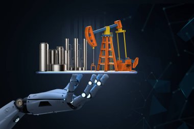 Petrol endüstrisi teknolojisi konsepti 3 boyutlu robot kolu ham petrol pompası ve petrol rafinerisi ile