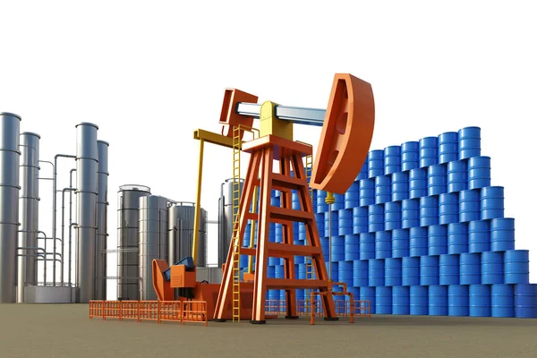 Konzept Mit Rendering Rohölpumpe Mit Ölraffinerie Und Barrel — Stockfoto