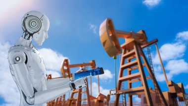 Petrol endüstrisi teknolojisi konsepti. 3 boyutlu ham petrol pompalı robot.