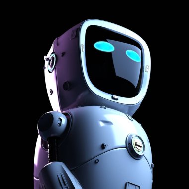 3D canlandırma robot yardımcısı koyu arkaplanda parlıyor