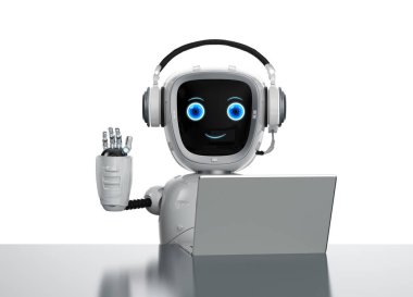 3D robot asistanı olan otomasyon ofis çalışanı selamlama için elini kaldırsın.