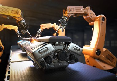 Otomotiv otomobil fabrikası konsepti. Otomobil motorlu veya makineli 3 boyutlu robot montaj hattı.