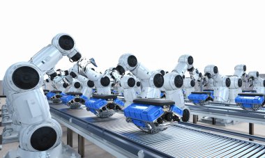 Otomotiv otomobil fabrikası konsepti. Otomobil motorlu veya makineli 3 boyutlu robot montaj hattı.