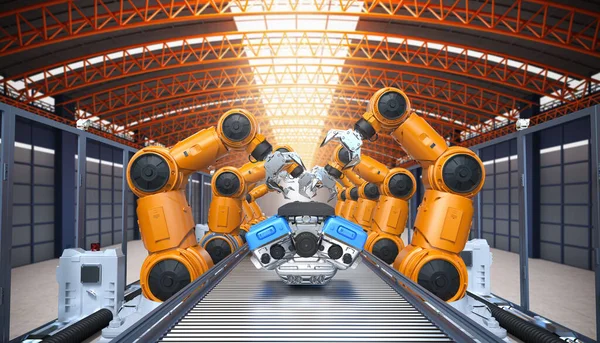 Automation automobile factory concept with 3d rendering robot assembly line with car engine or machine in factory