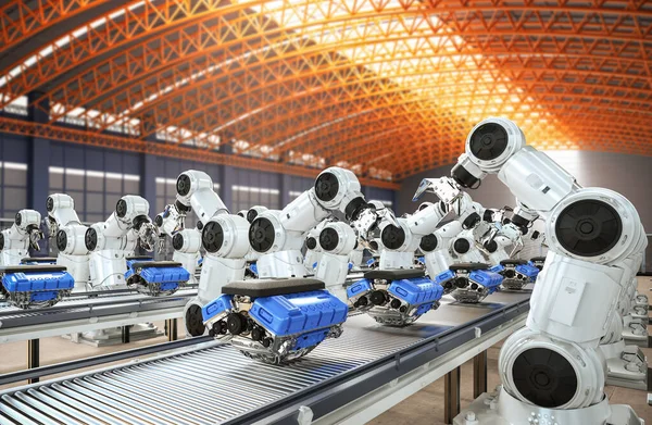 Automatyzacja Koncepcji Fabryki Samochodów Renderowania Linii Montażowej Robota Silnika Samochodu — Zdjęcie stockowe