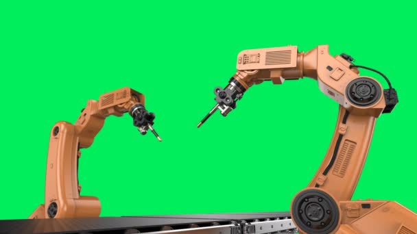 Automation Industri Koncept Med Rendering Robot Löpande Linje Grön Skärm — Stockvideo