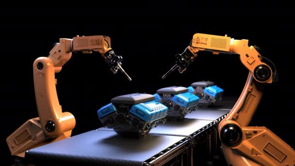 Concepto Industria Automatización Con Línea Montaje Robot Renderizado Imágenes Pantalla — Vídeos de Stock