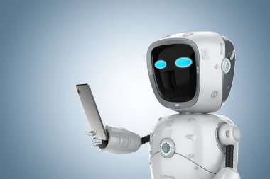 3D görüntüleme sevimli yapay zeka robotu veya cep telefonu olan asistan robot