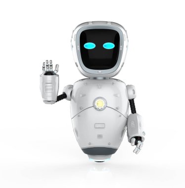 3D sevimli yapay zeka robotu ya da yardımcı robot selamlama için elini kaldırıyor